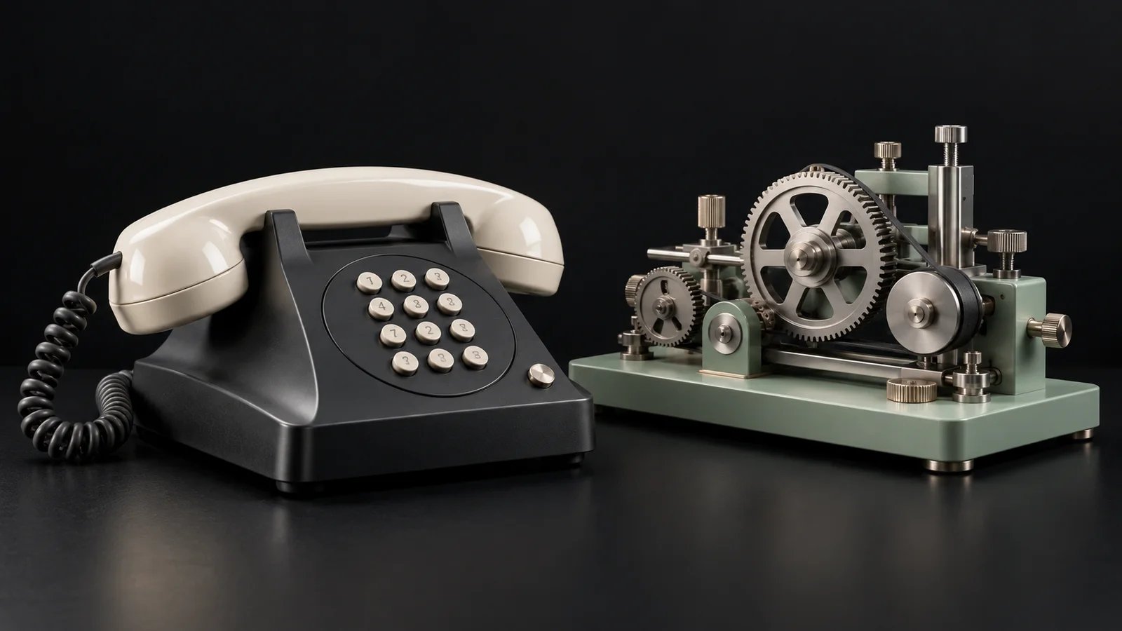 A desk telephone beside a precision mechanism, illustrating the operating work behind an AI call center.
