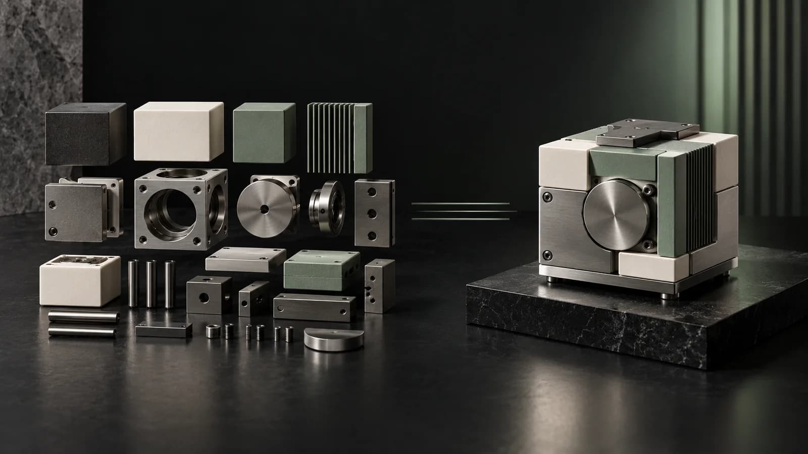 Separated graphite, ivory, and sage components beside an assembled modular mechanism.