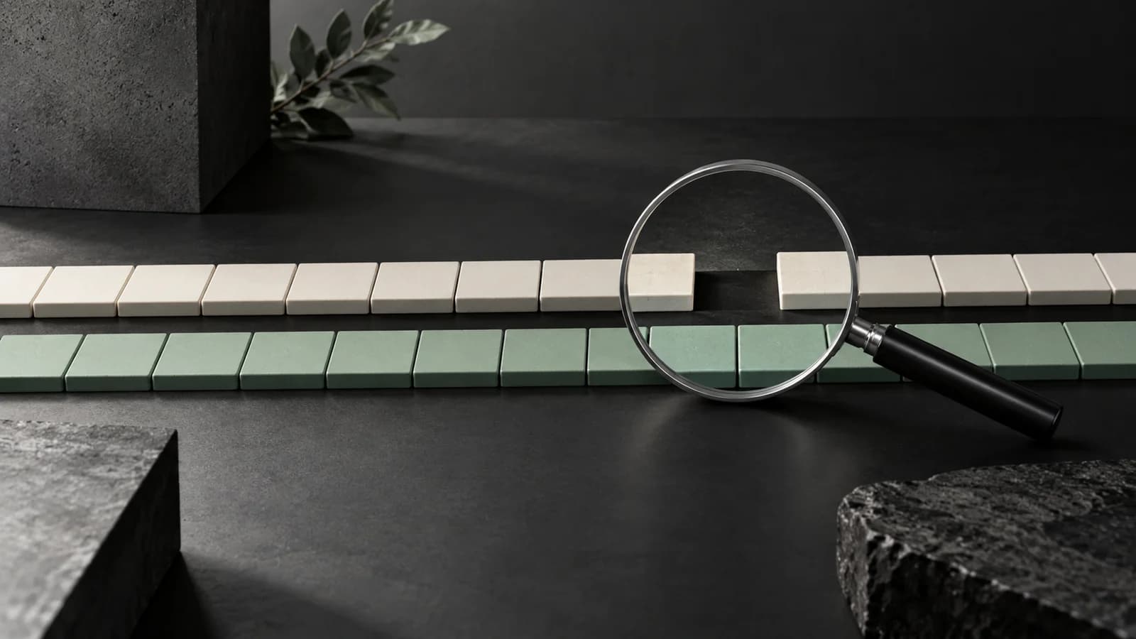 A magnifying glass examines a break in one of two parallel tile trails, illustrating lead-process diagnosis.