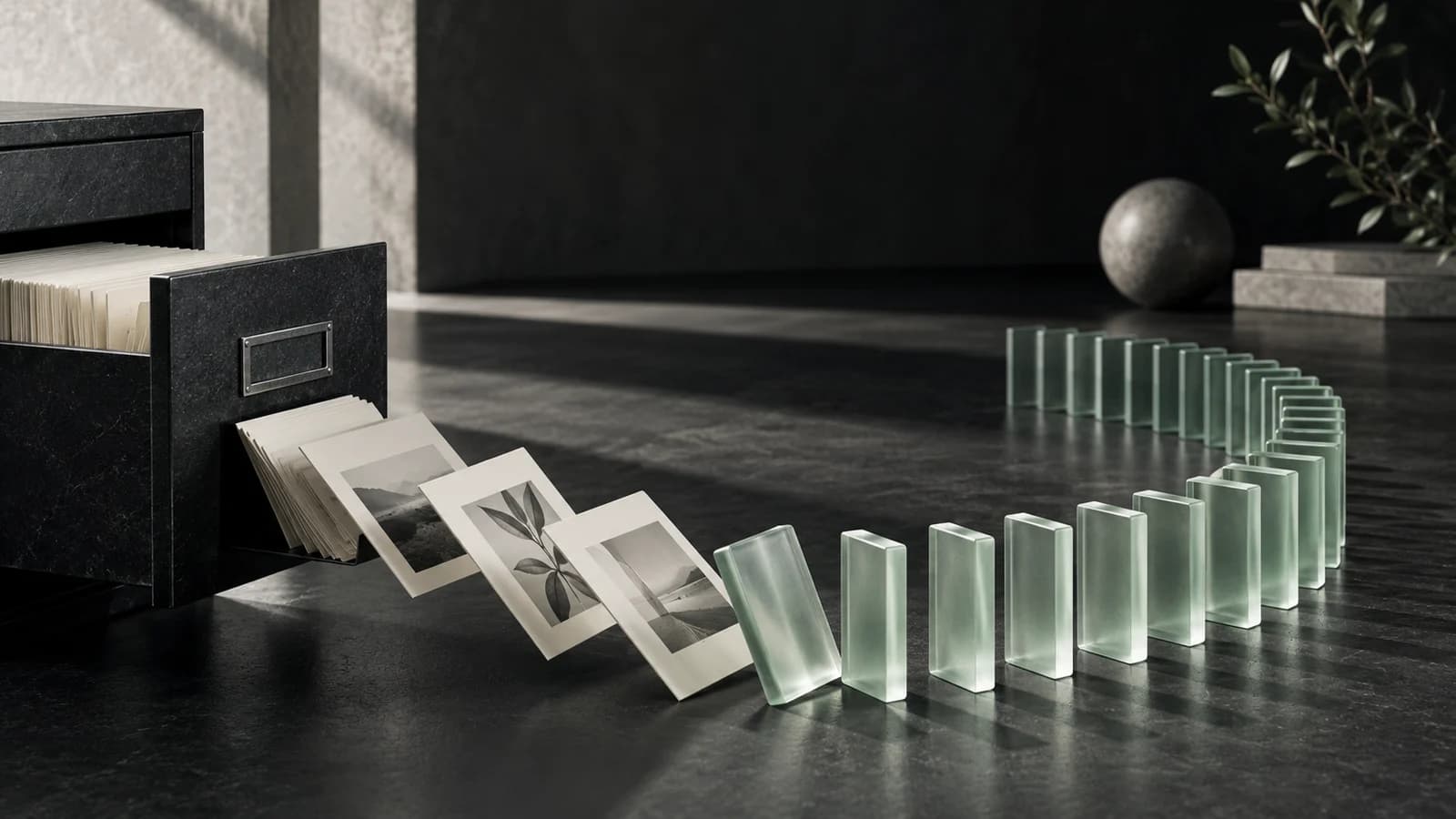An archival drawer of cards leads into a curved line of sage glass tiles, illustrating renewed conversations.
